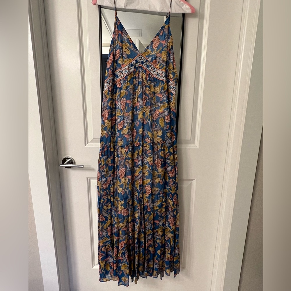 Anthropologie blue/pink/yellow lightweight maxi w/ adjustable straps